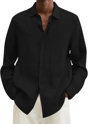 Men's Cotton Linen Shirt Long Sleeve Button Down Solid Color Shirts Lightweight Breathable Spring and Summer T Shirt