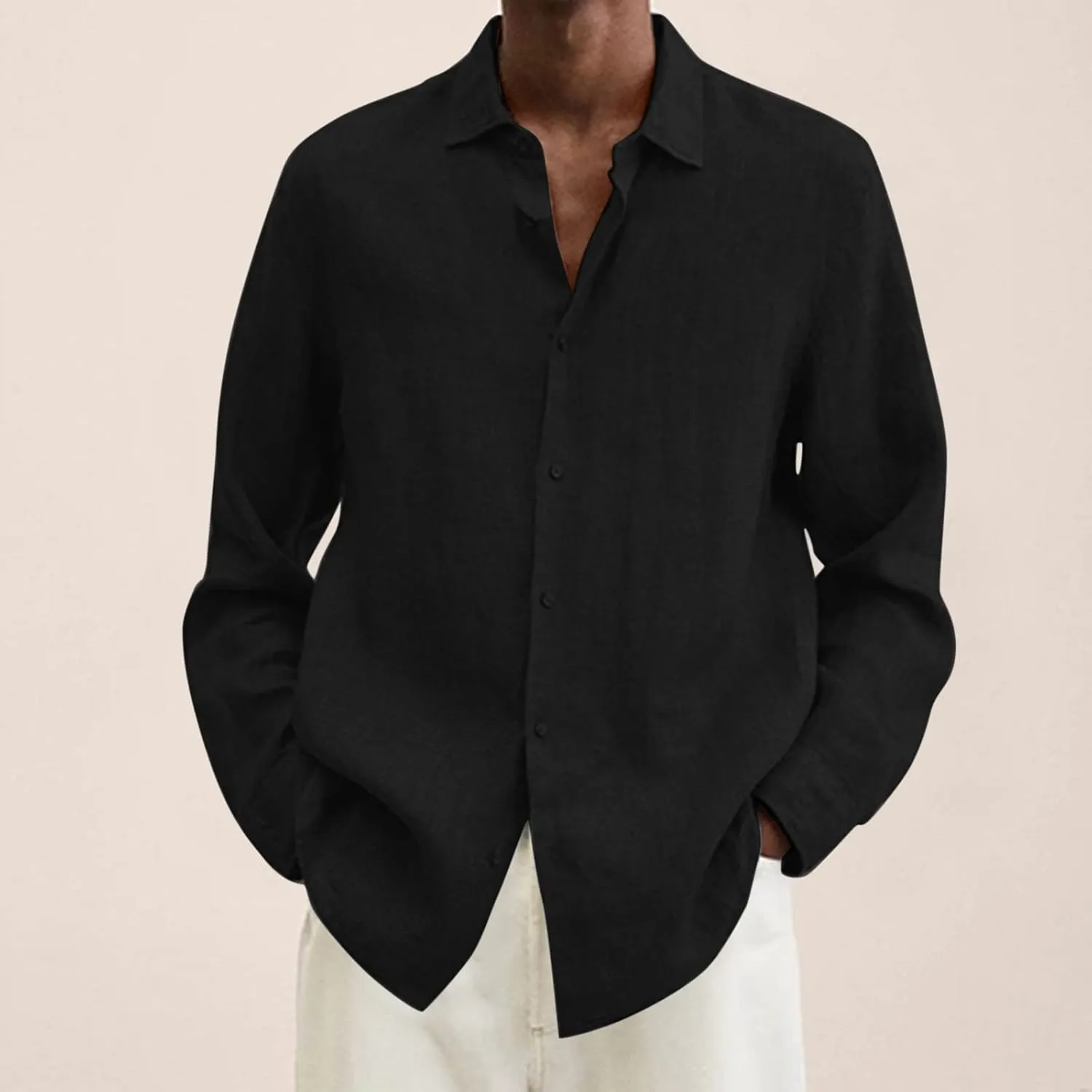 Men's Cotton Linen Shirt Long Sleeve Button Down Solid Color Shirts Lightweight Breathable Spring and Summer T Shirt