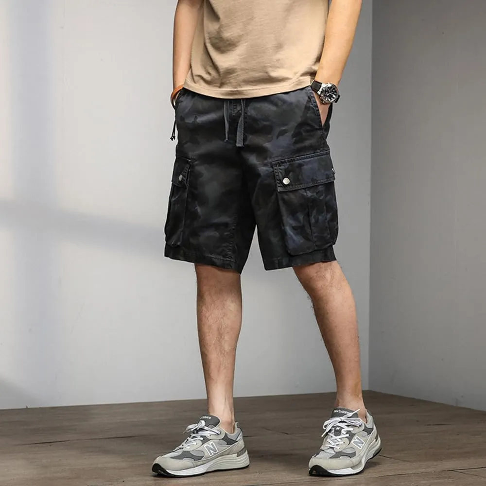 Men's Drawstring Camouflage Cargo Shorts Summer Relaxed Fit Cotton Hiking Cargo Shorts with Large Pockets