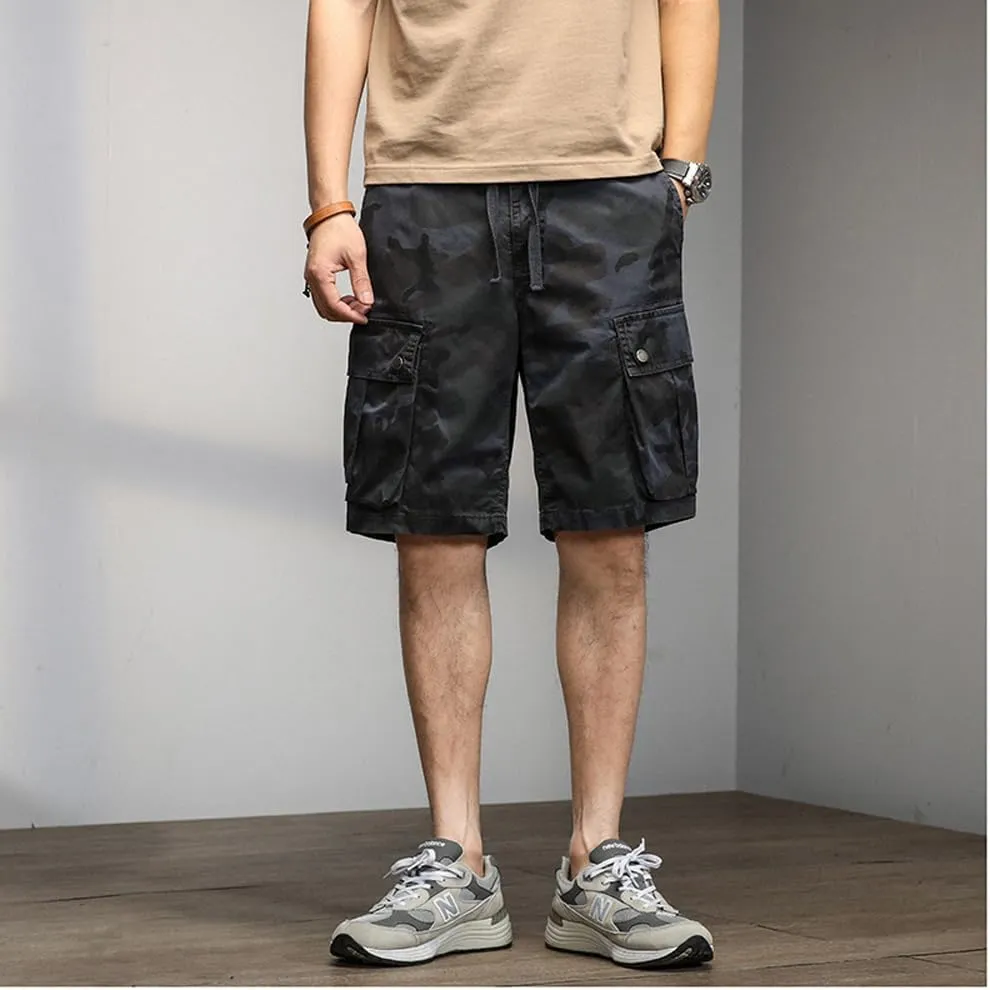 Men's Drawstring Camouflage Cargo Shorts Summer Relaxed Fit Cotton Hiking Cargo Shorts with Large Pockets