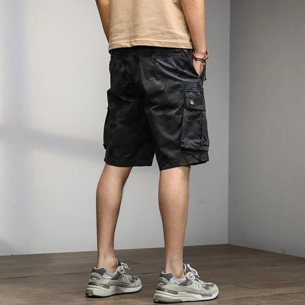 Men's Drawstring Camouflage Cargo Shorts Summer Relaxed Fit Cotton Hiking Cargo Shorts with Large Pockets