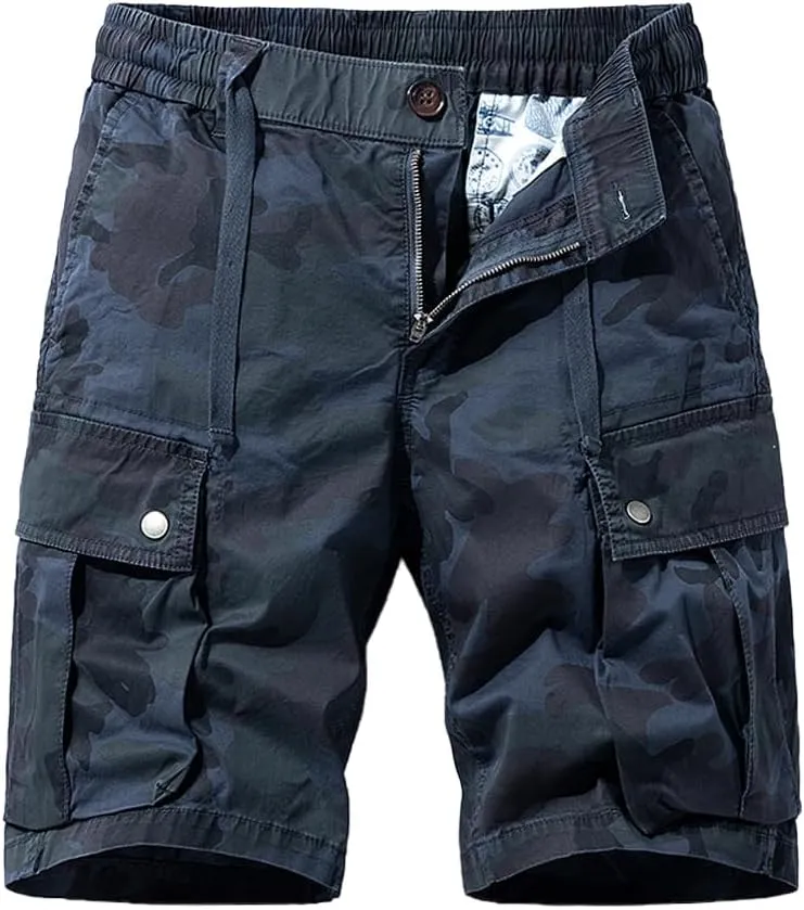 Men's Drawstring Camouflage Cargo Shorts Summer Relaxed Fit Cotton Hiking Cargo Shorts with Large Pockets