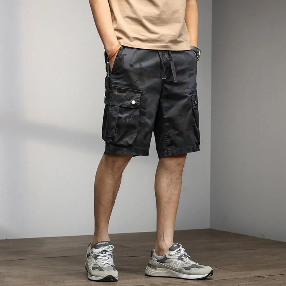 Men's Drawstring Camouflage Cargo Shorts Summer Relaxed Fit Cotton Hiking Cargo Shorts with Large Pockets