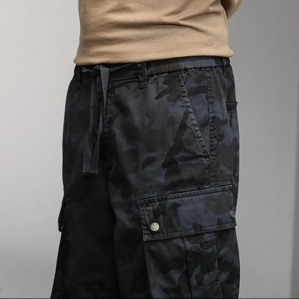 Men's Drawstring Camouflage Cargo Shorts Summer Relaxed Fit Cotton Hiking Cargo Shorts with Large Pockets
