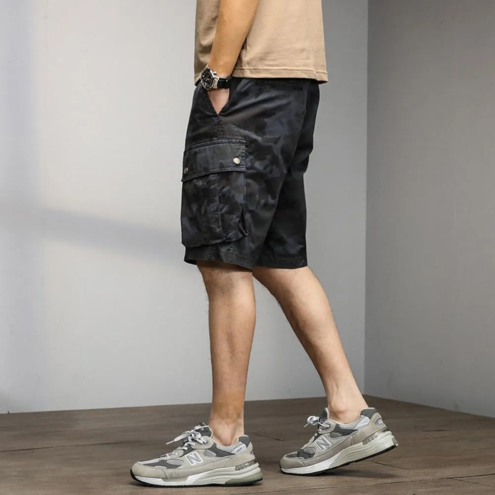 Men's Drawstring Camouflage Cargo Shorts Summer Relaxed Fit Cotton Hiking Cargo Shorts with Large Pockets