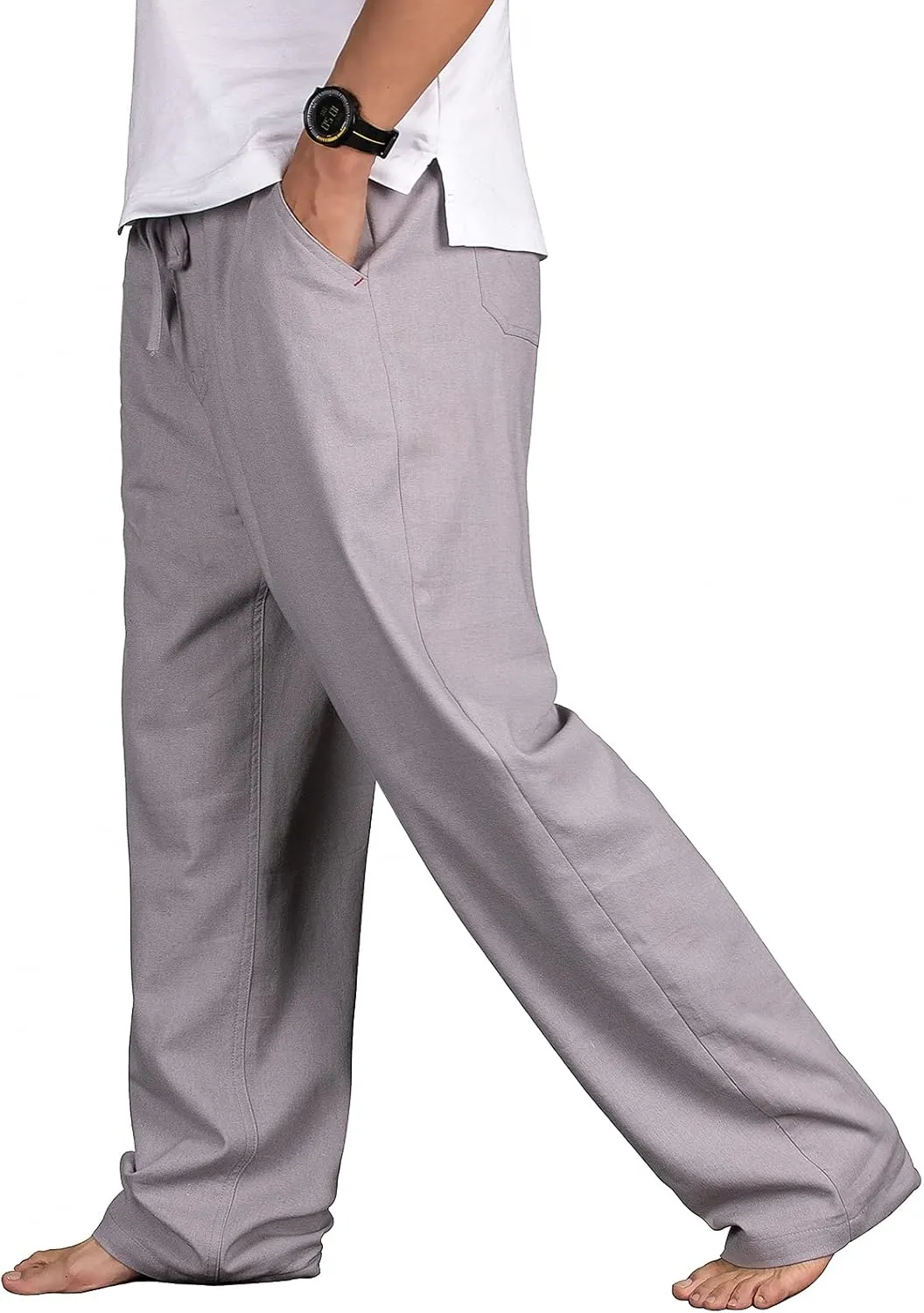 Men's Drawstring Loose Linen Beach Pants Lightweight Elastic Waist Yoga Lounge Cotton Trousers Pajamas