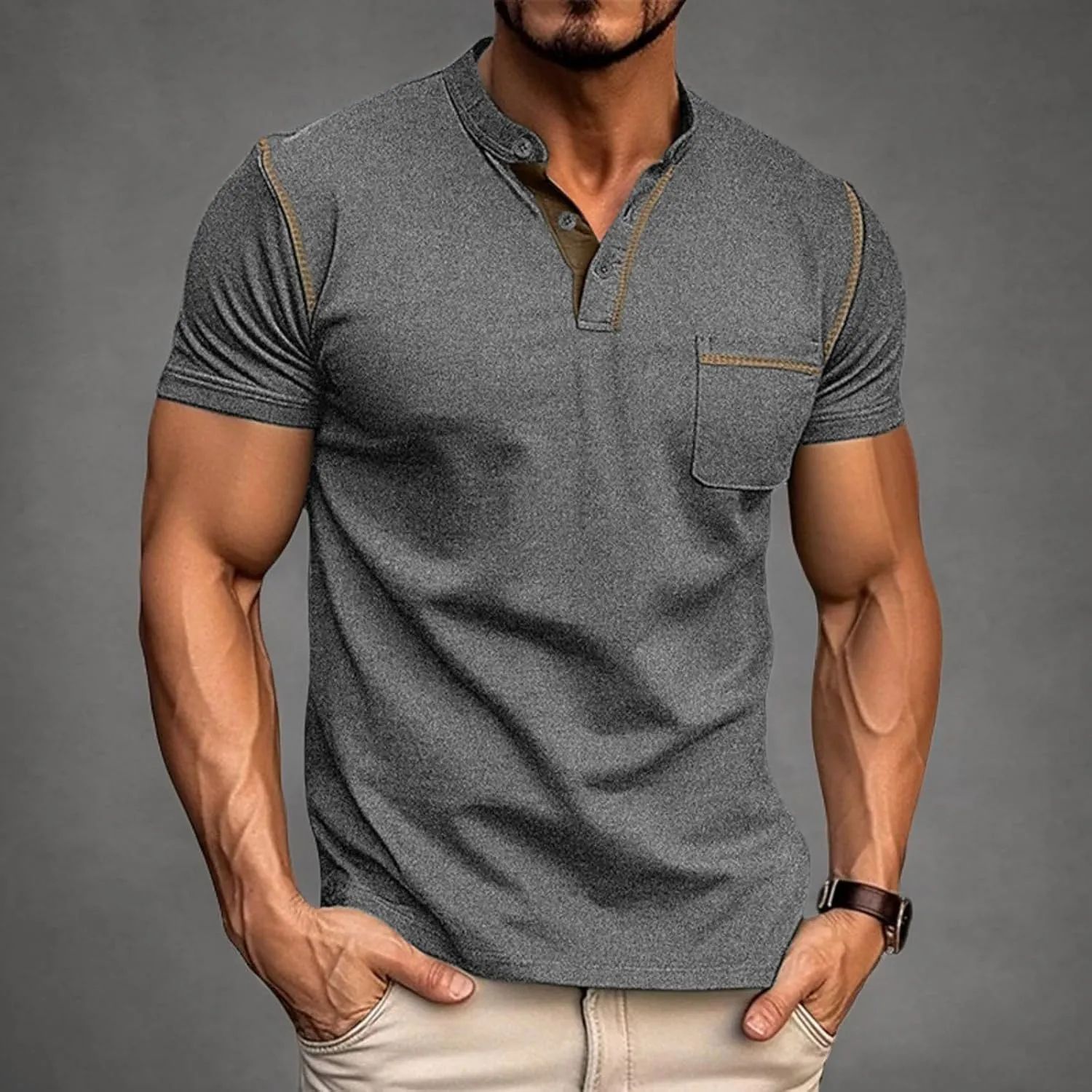 Men's Fashion Henley Shirt Classic Short/Long Sleeve Lightweight Button Cotton T-Shirt Casual Top