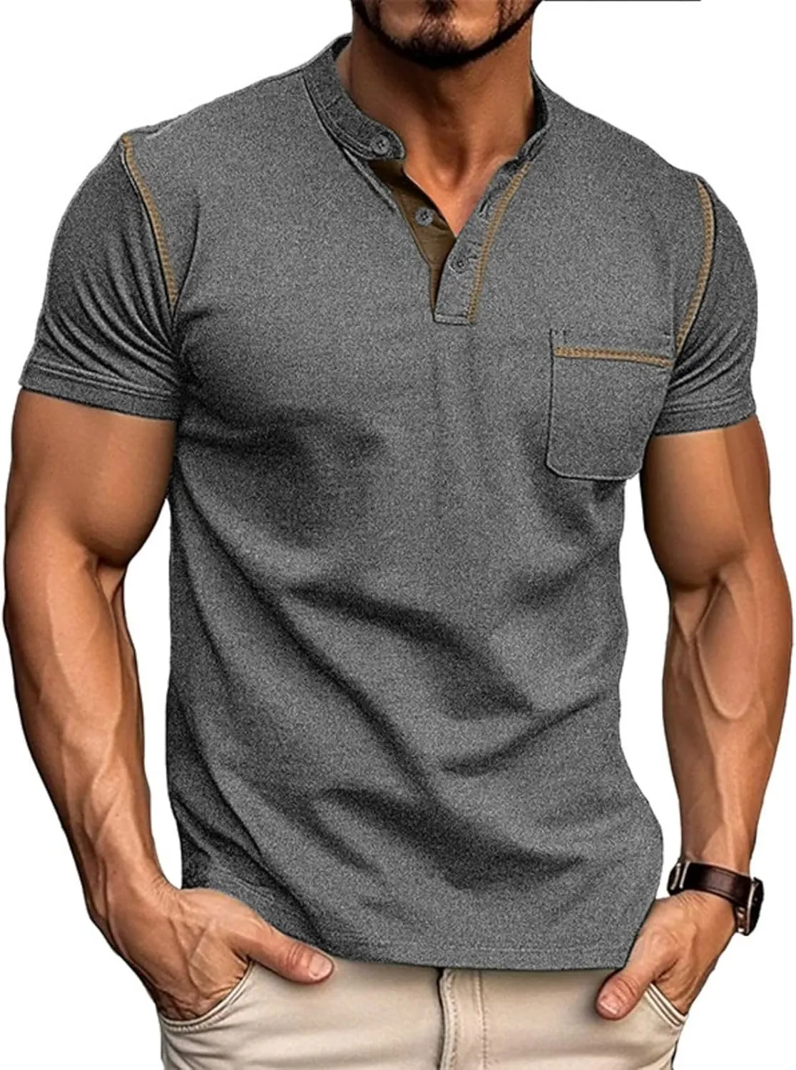 Men's Fashion Henley Shirt Classic Short/Long Sleeve Lightweight Button Cotton T-Shirt Casual Top