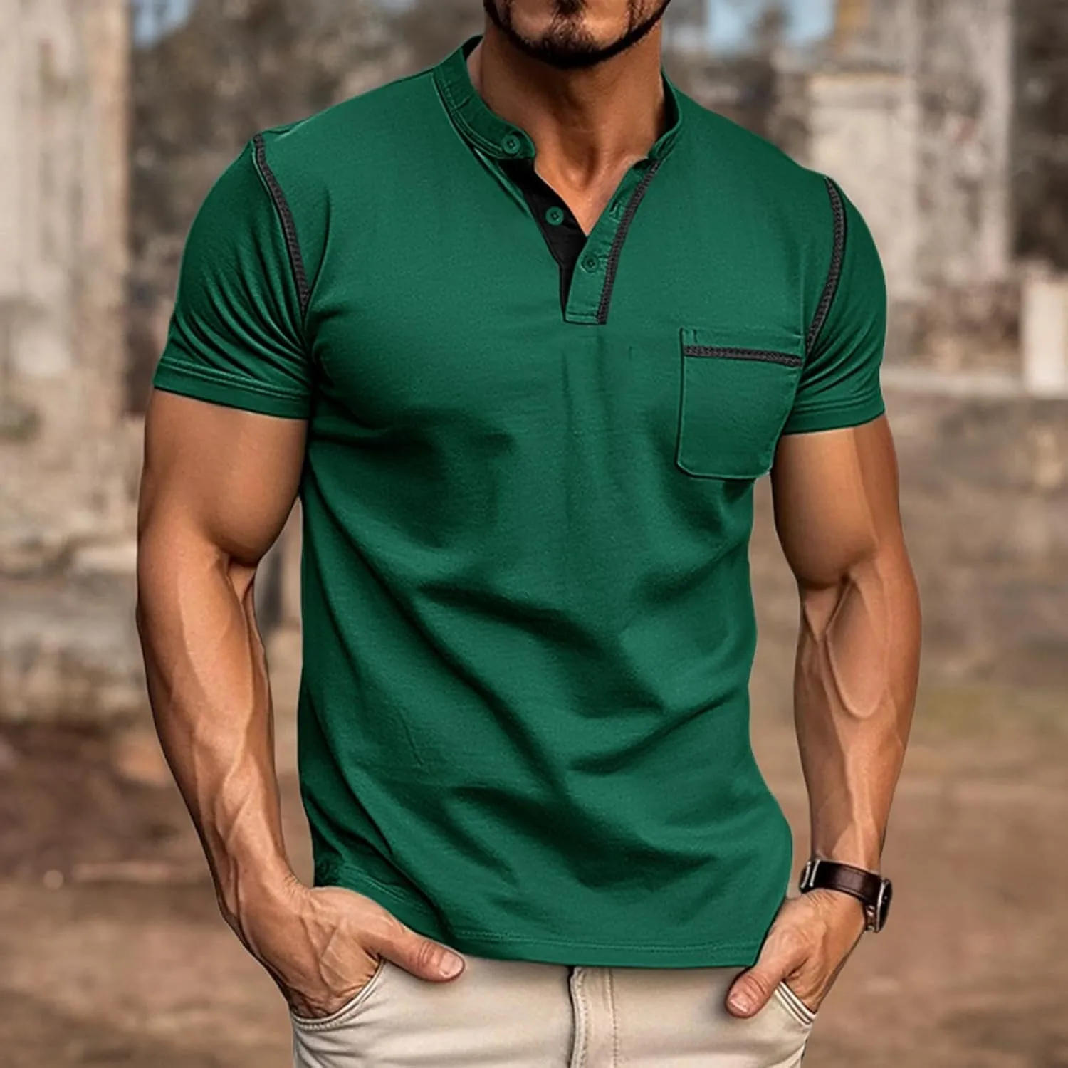 Men's Fashion Henley Shirt Classic Short/Long Sleeve Lightweight Button Cotton T-Shirt Casual Top