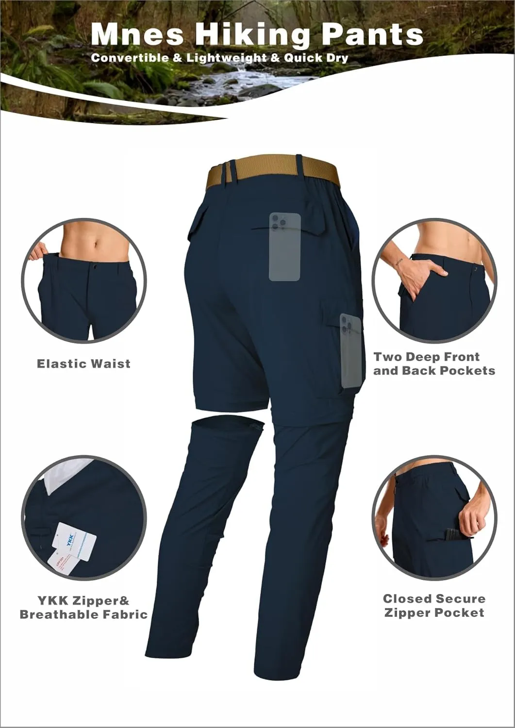 Mens Hiking Cargo Pants Lightweight Quick Dry Convertible Zip Off Waterproof Travel Fishing Climbing Work Pants for Men