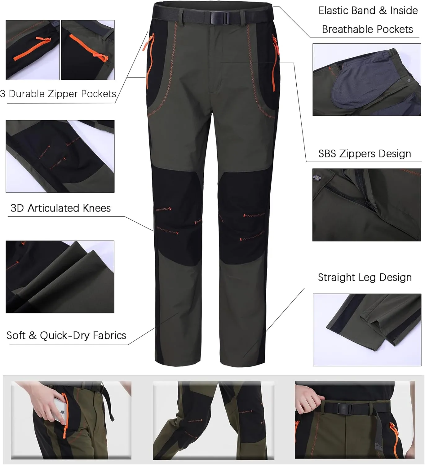 Men's Hiking Cargo Pants Quick-Dry Outdoor Water Resistant Lightweight Mountain Breathable Zipper Pocket Work Pants