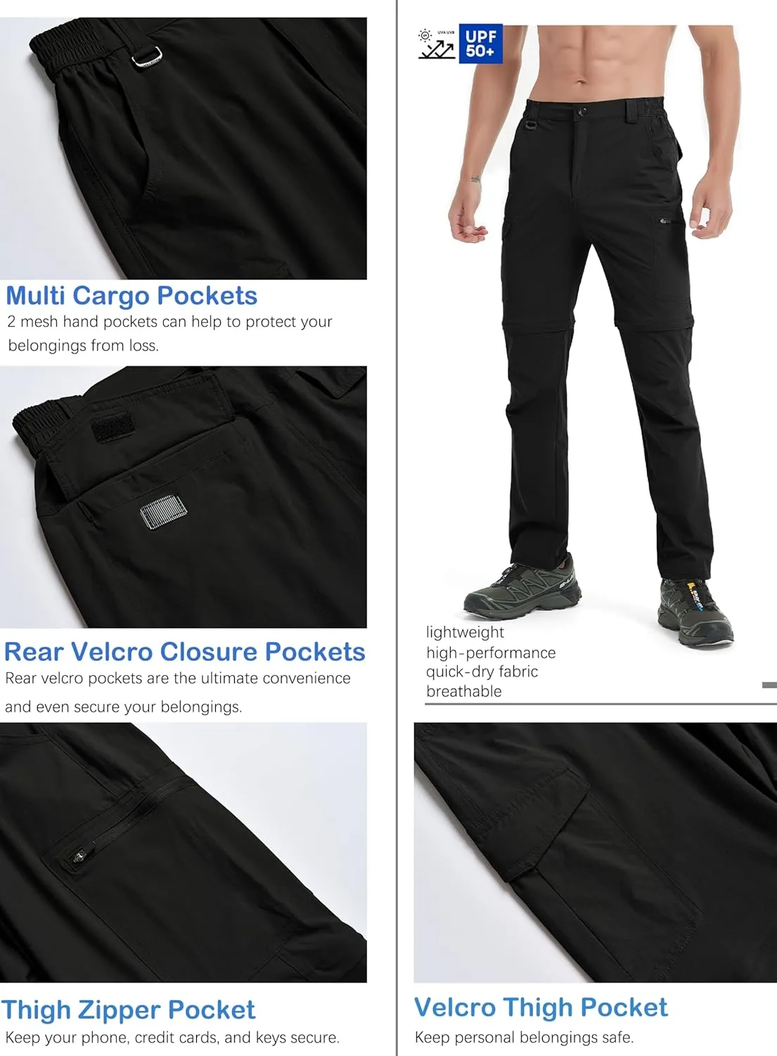 Men's Hiking Convertible Zip Off Pants Outdoor Waterproof Quick Dry Lightweight Fishing Safari Travel Cargo Work Pants