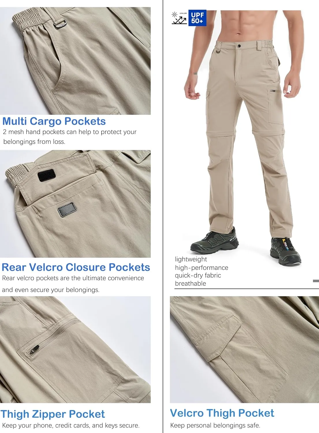 Men's Hiking Convertible Zip Off Pants Outdoor Waterproof Quick Dry Lightweight Fishing Safari Travel Cargo Work Pants