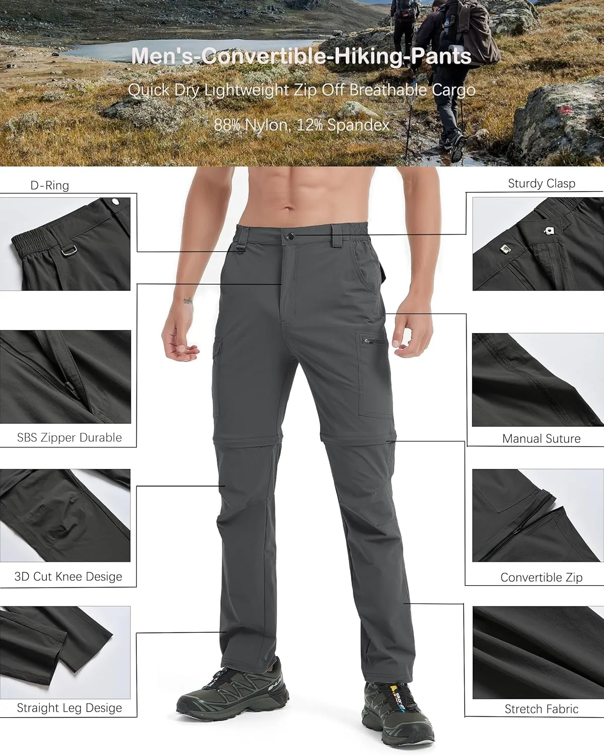 Men's Hiking Convertible Zip Off Pants Outdoor Waterproof Quick Dry Lightweight Fishing Safari Travel Cargo Work Pants