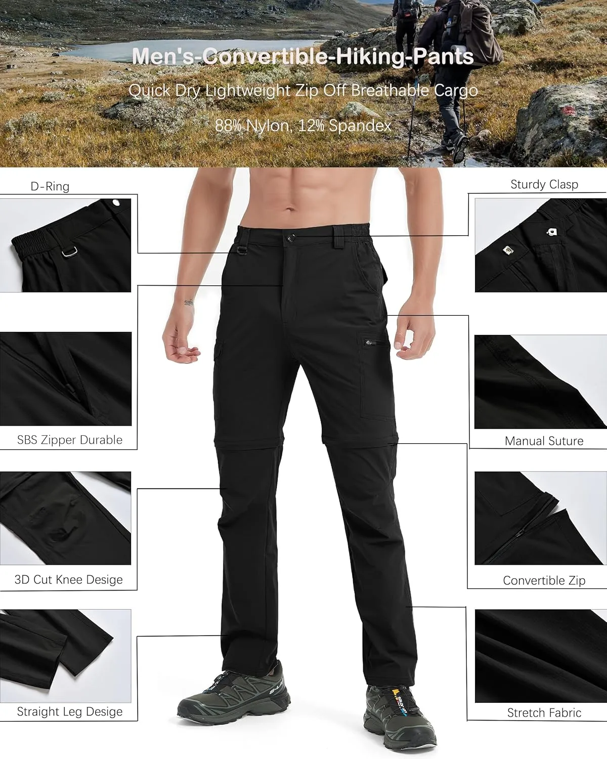 Men's Hiking Convertible Zip Off Pants Outdoor Waterproof Quick Dry Lightweight Fishing Safari Travel Cargo Work Pants