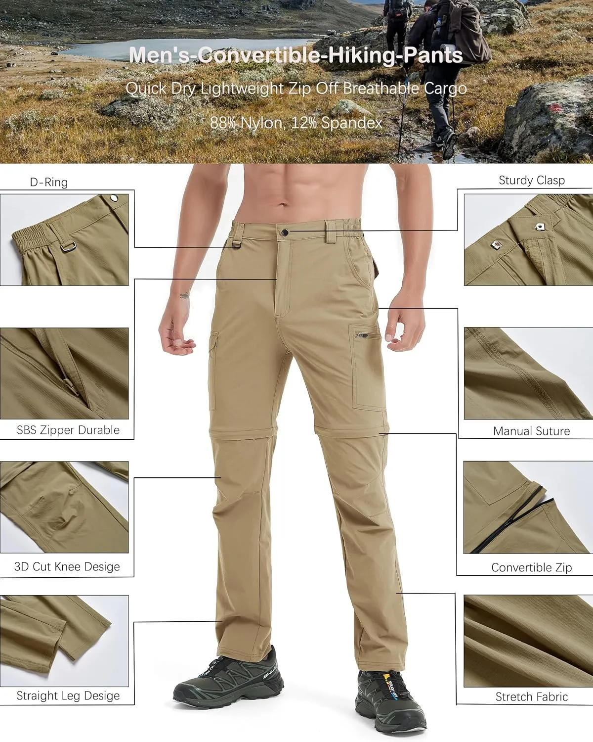 Men's Hiking Convertible Zip Off Pants Outdoor Waterproof Quick Dry Lightweight Fishing Safari Travel Cargo Work Pants