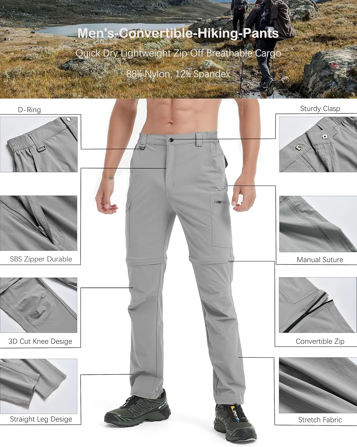 Men's Hiking Convertible Zip Off Pants Outdoor Waterproof Quick Dry Lightweight Fishing Safari Travel Cargo Work Pants