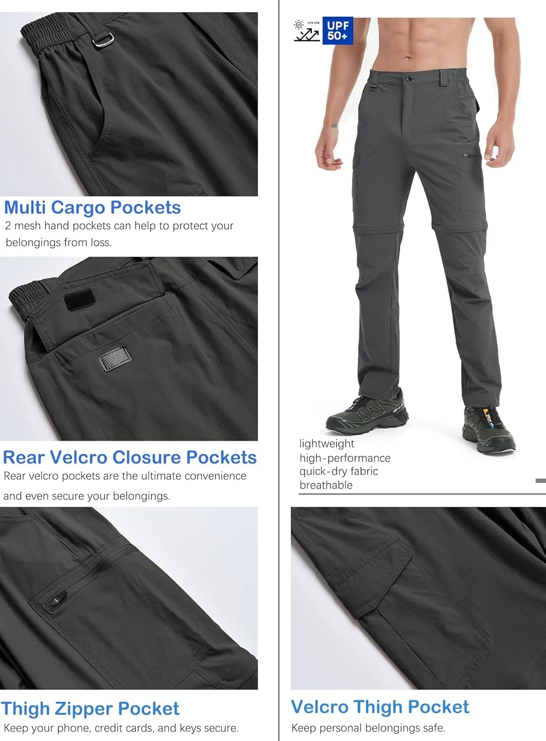 Men's Hiking Convertible Zip Off Pants Outdoor Waterproof Quick Dry Lightweight Fishing Safari Travel Cargo Work Pants