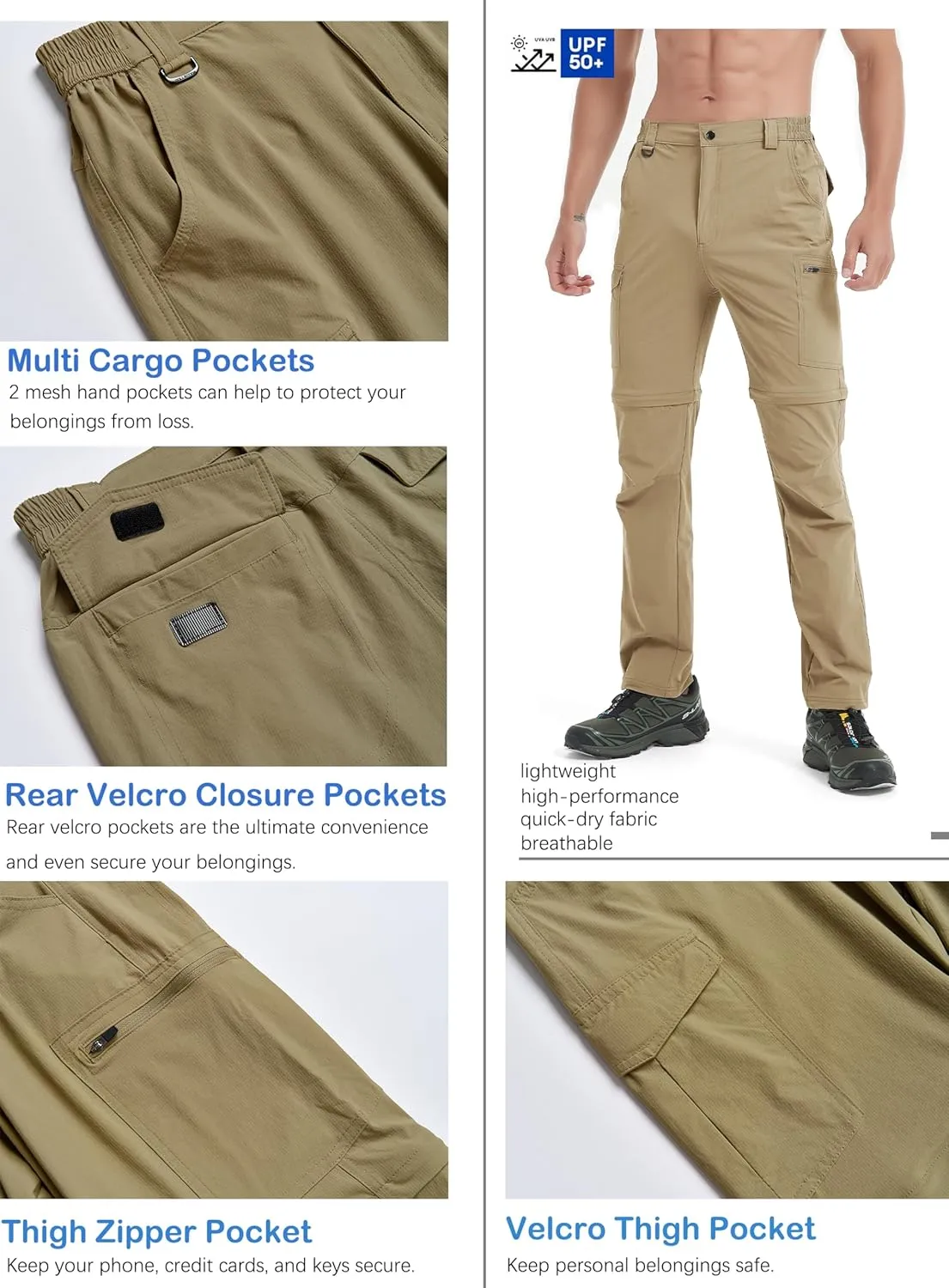 Men's Hiking Convertible Zip Off Pants Outdoor Waterproof Quick Dry Lightweight Fishing Safari Travel Cargo Work Pants