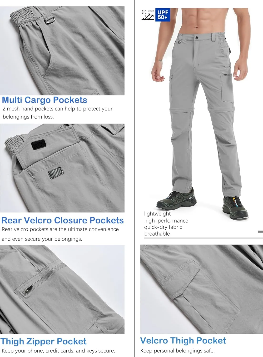 Men's Hiking Convertible Zip Off Pants Outdoor Waterproof Quick Dry Lightweight Fishing Safari Travel Cargo Work Pants