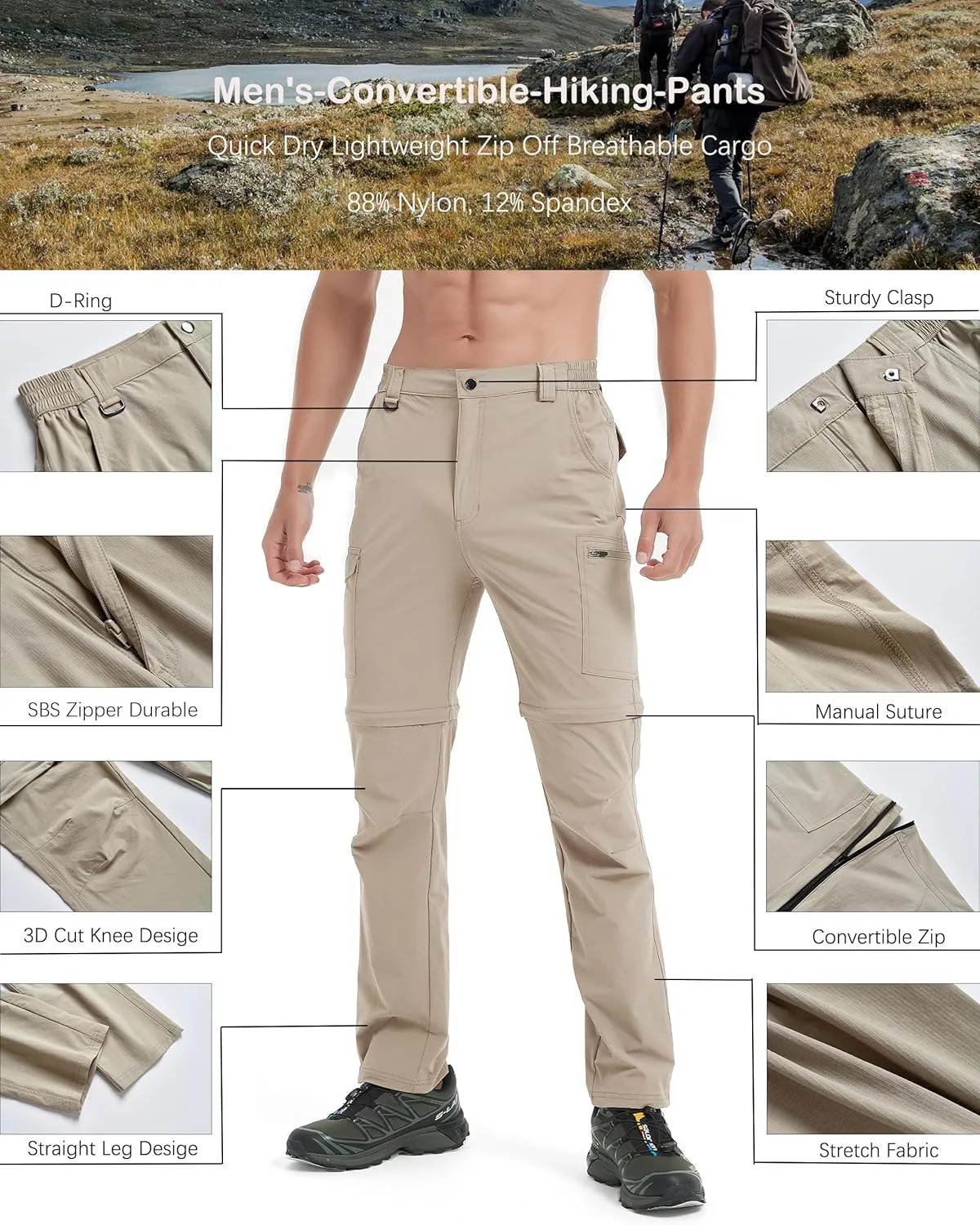Men's Hiking Convertible Zip Off Pants Outdoor Waterproof Quick Dry Lightweight Fishing Safari Travel Cargo Work Pants