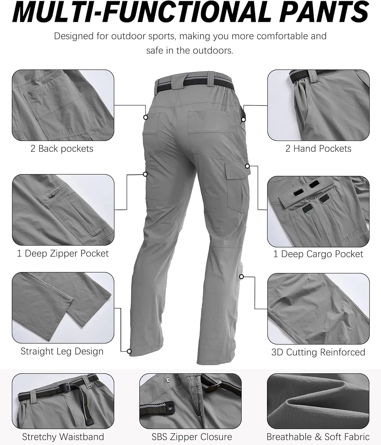 Men's Hiking Pants Quick-Dry Lightweight Waterproof Travel Outdoor Camping Hunting Fishing Work Cargo Pants