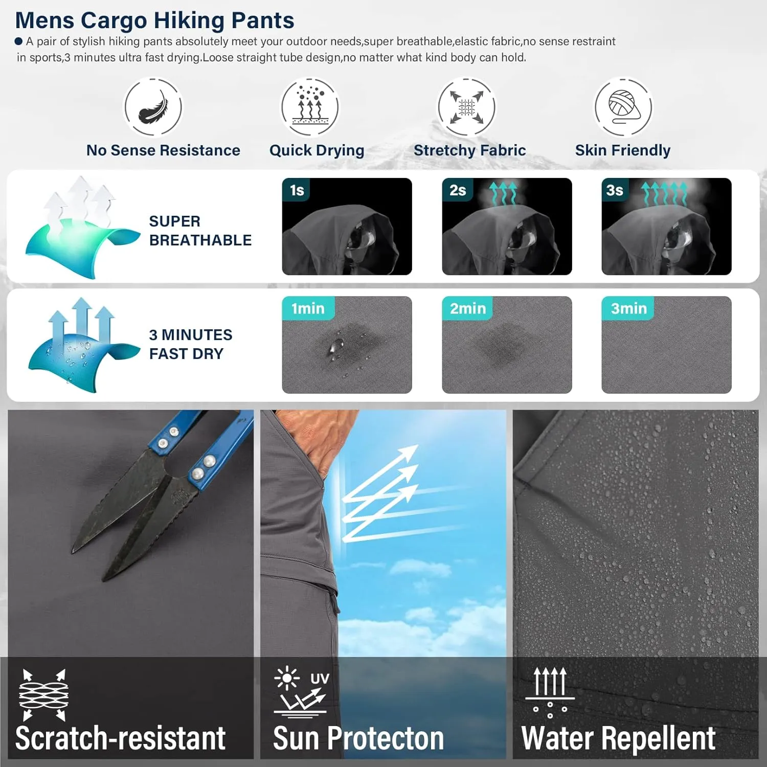Mens Hiking Pants Quick Dry UPF 50 Travel Fishing Safari Cargo Pants Boy Scout Pants