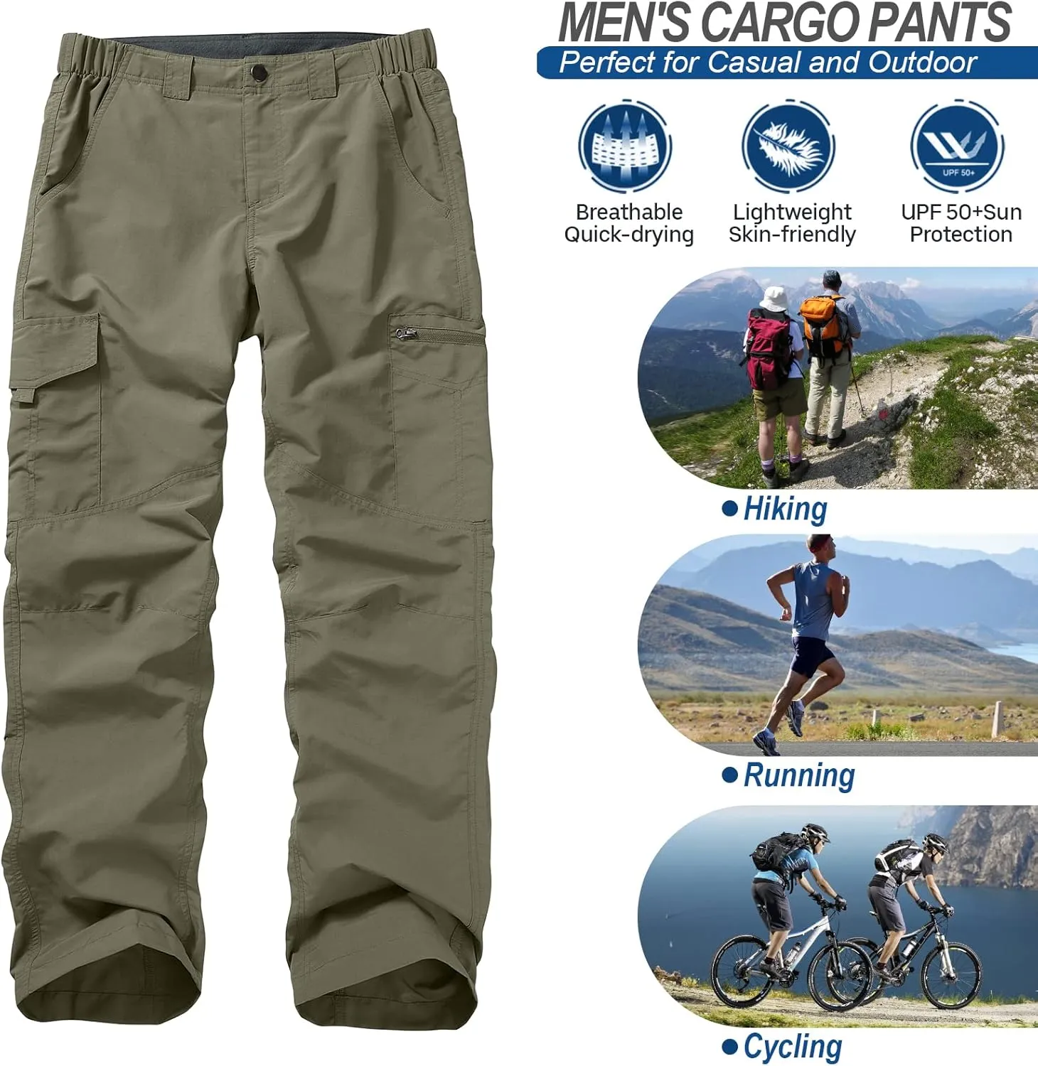 Mens Hiking Pants Quick Dry UPF 50 Travel Fishing Safari Cargo Pants Boy Scout Pants