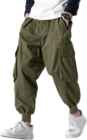 Men's Joggers Pants Casual Baggy Cotton Drawstring Tapered Sweatpants Cargo Hippie Loose Fit Trousers with Multi-Pocket