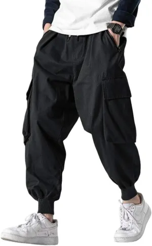 Men's Joggers Pants Casual Baggy Cotton Drawstring Tapered Sweatpants Cargo Hippie Loose Fit Trousers with Multi-Pocket
