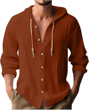 Men's Long Sleeve Button Down Hoodie Shirts Dressy Casual 2024 Rolled Up Sleeve Drawstring Hooded Shirt Tops