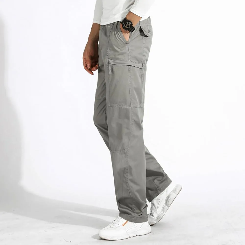 Men's Loose Fit Cargo Pants Drawstring Cotton Tactical Pants with Zipper Pockets