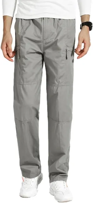 Men's Loose Fit Cargo Pants Drawstring Cotton Tactical Pants with Zipper Pockets