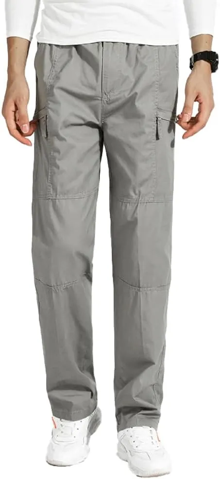 Men's Loose Fit Cargo Pants Drawstring Cotton Tactical Pants with Zipper Pockets