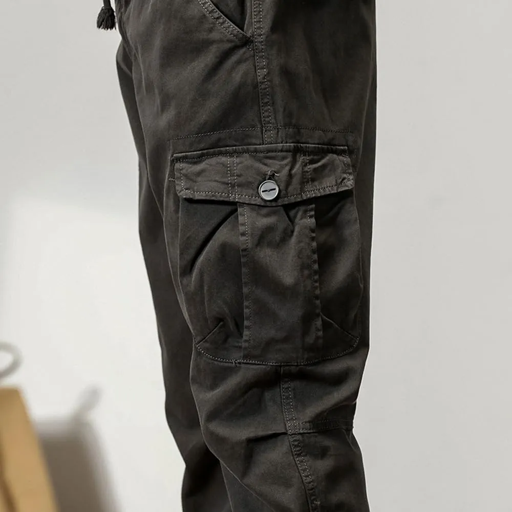 Men's Multi Pockets Cargo Pants Drawstring Cotton Regular Fit Military Pants