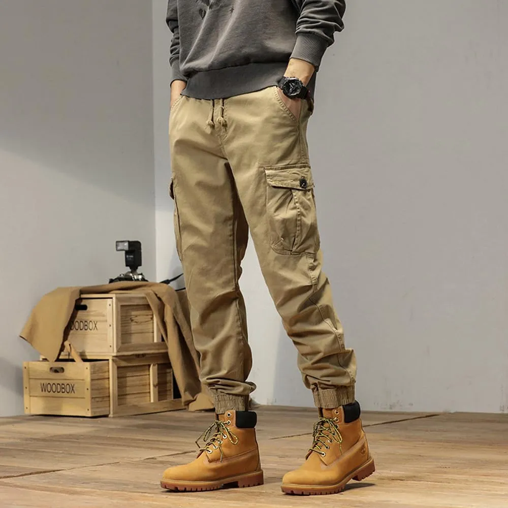 Men's Multi Pockets Cargo Pants Drawstring Cotton Regular Fit Military Pants