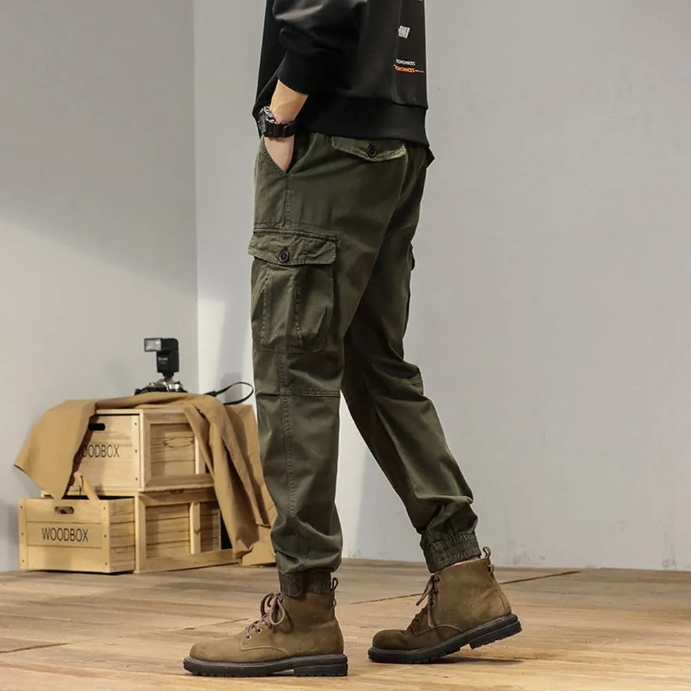 Men's Multi Pockets Cargo Pants Drawstring Cotton Regular Fit Military Pants