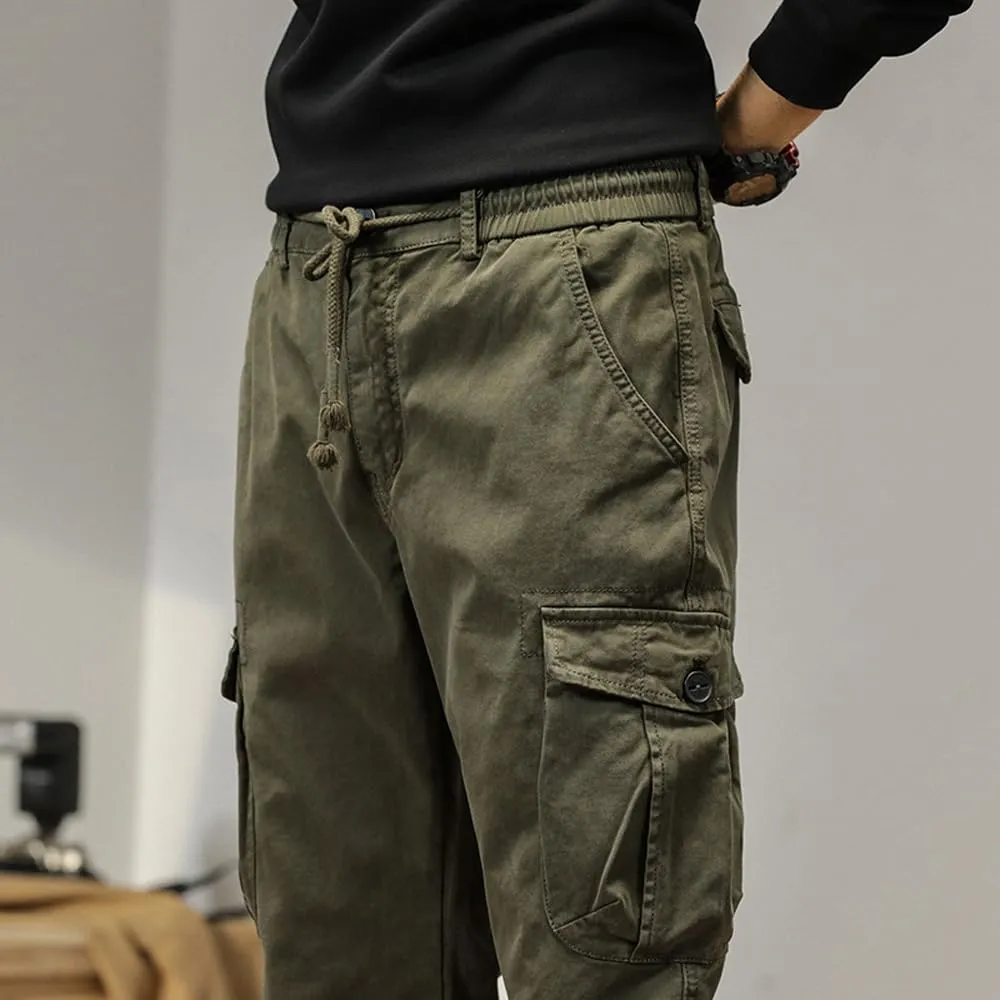 Men's Multi Pockets Cargo Pants Drawstring Cotton Regular Fit Military Pants