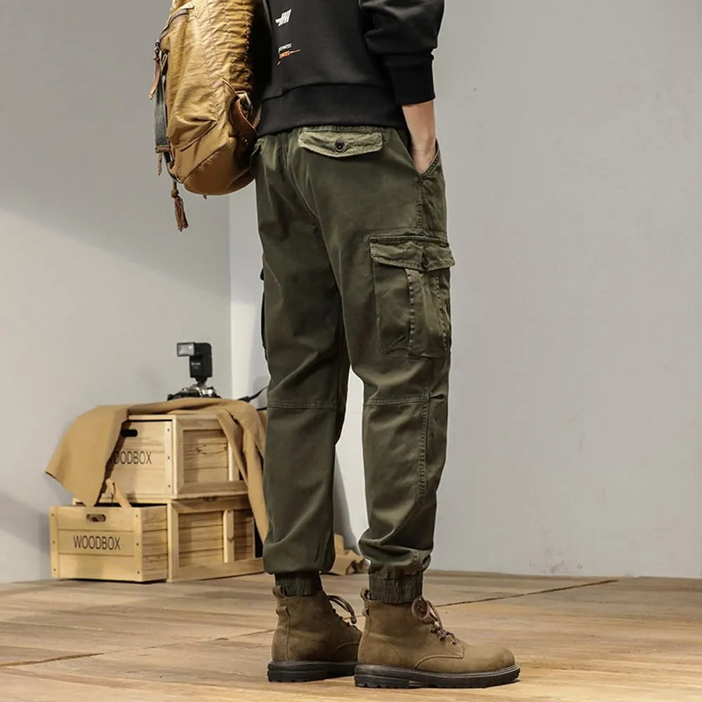 Men's Multi Pockets Cargo Pants Drawstring Cotton Regular Fit Military Pants