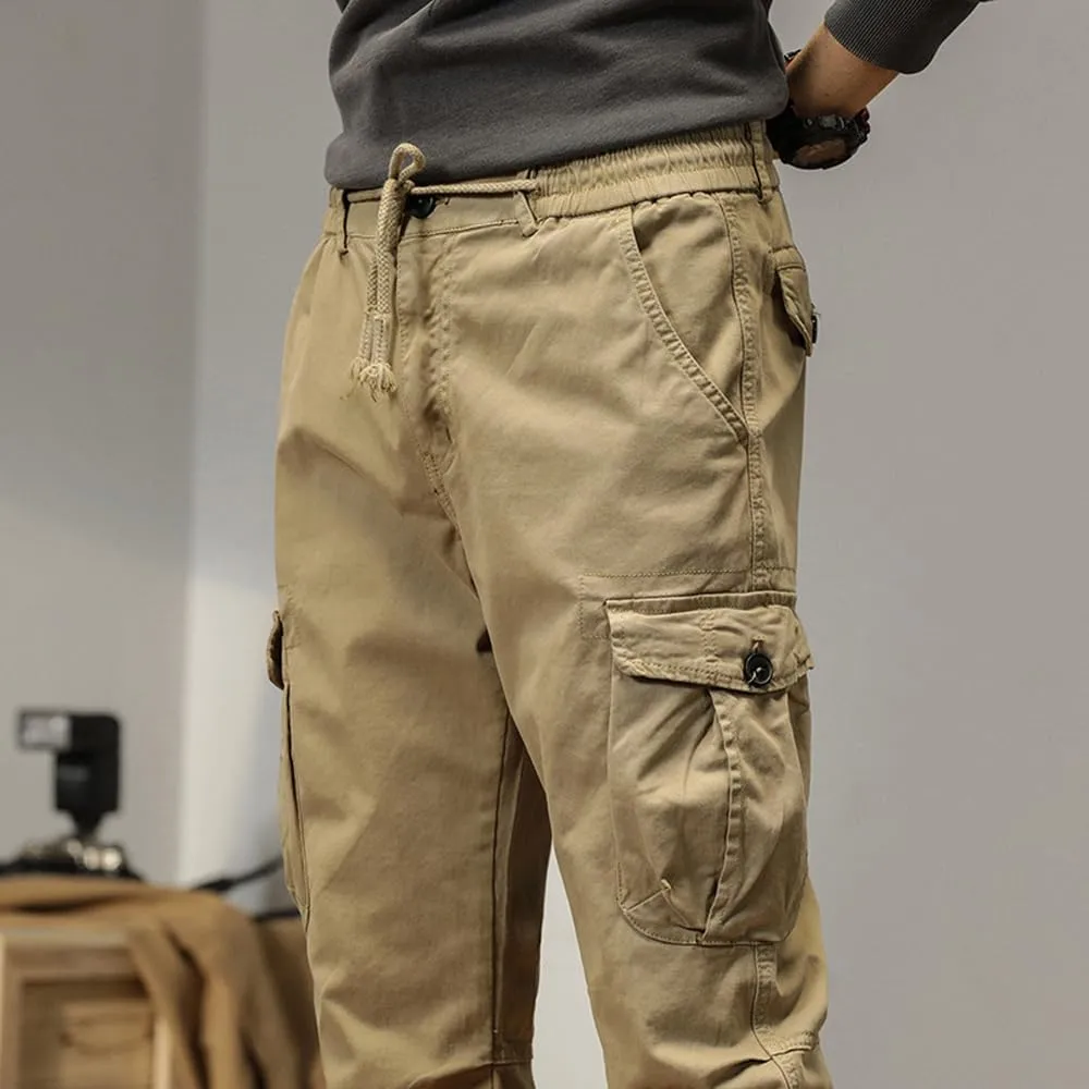 Men's Multi Pockets Cargo Pants Drawstring Cotton Regular Fit Military Pants