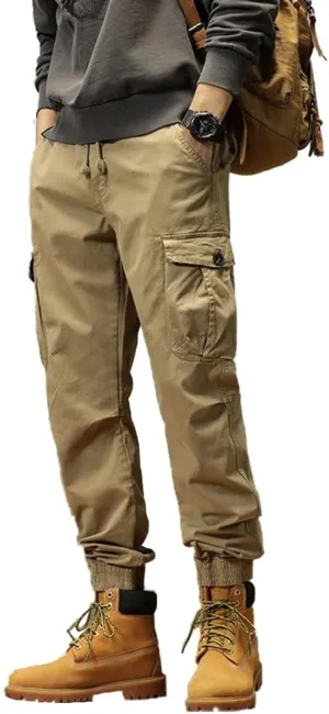 Men's Multi Pockets Cargo Pants Drawstring Cotton Regular Fit Military Pants