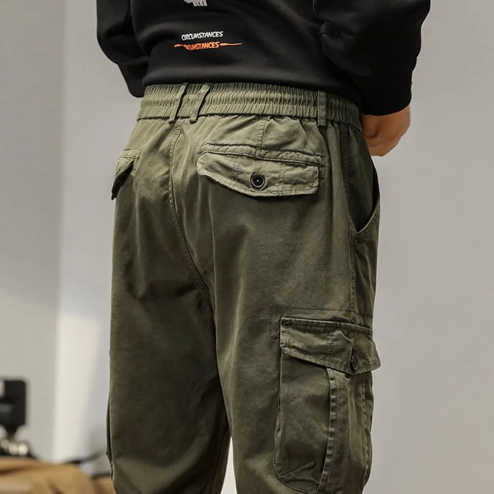 Men's Multi Pockets Cargo Pants Drawstring Cotton Regular Fit Military Pants