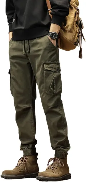 Men's Multi Pockets Cargo Pants Drawstring Cotton Regular Fit Military Pants