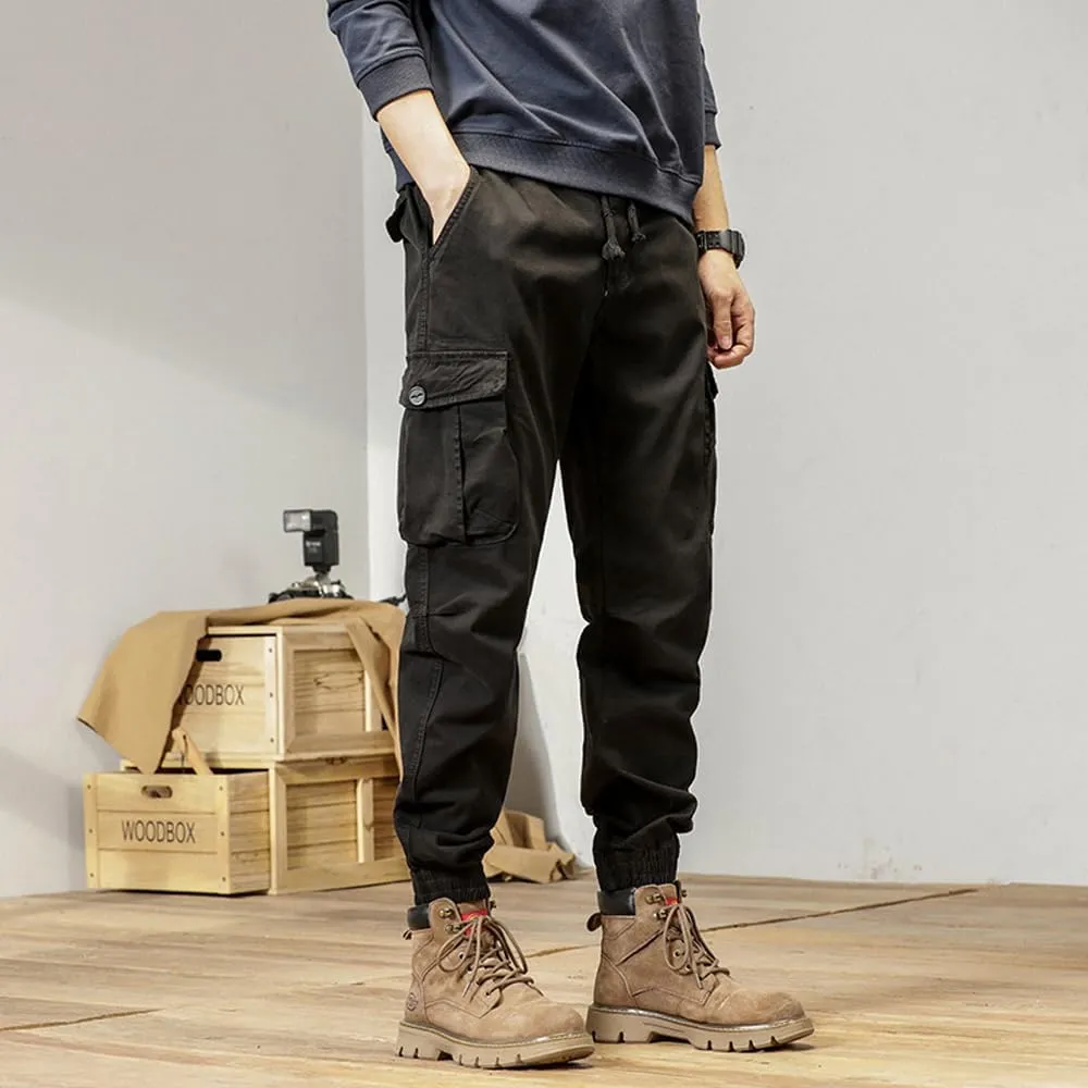 Men's Multi Pockets Cargo Pants Drawstring Cotton Regular Fit Military Pants
