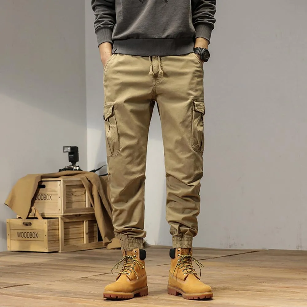 Men's Multi Pockets Cargo Pants Drawstring Cotton Regular Fit Military Pants