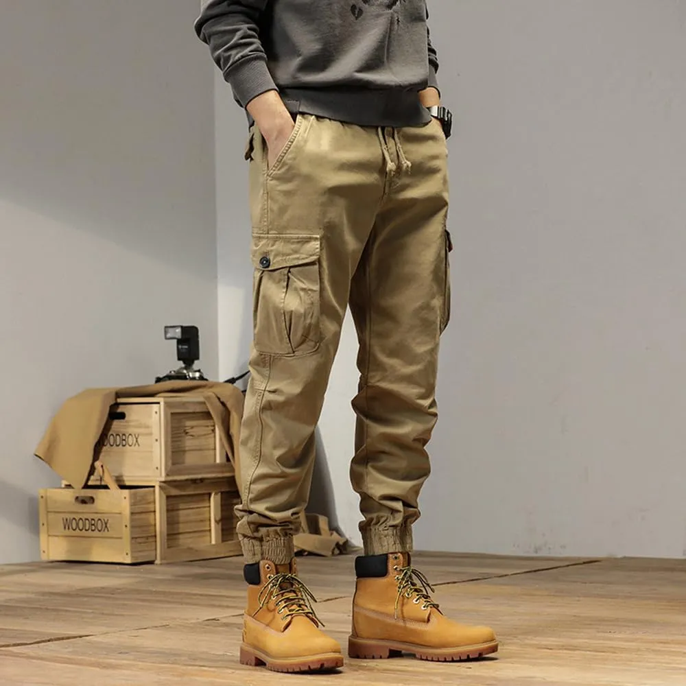 Men's Multi Pockets Cargo Pants Drawstring Cotton Regular Fit Military Pants