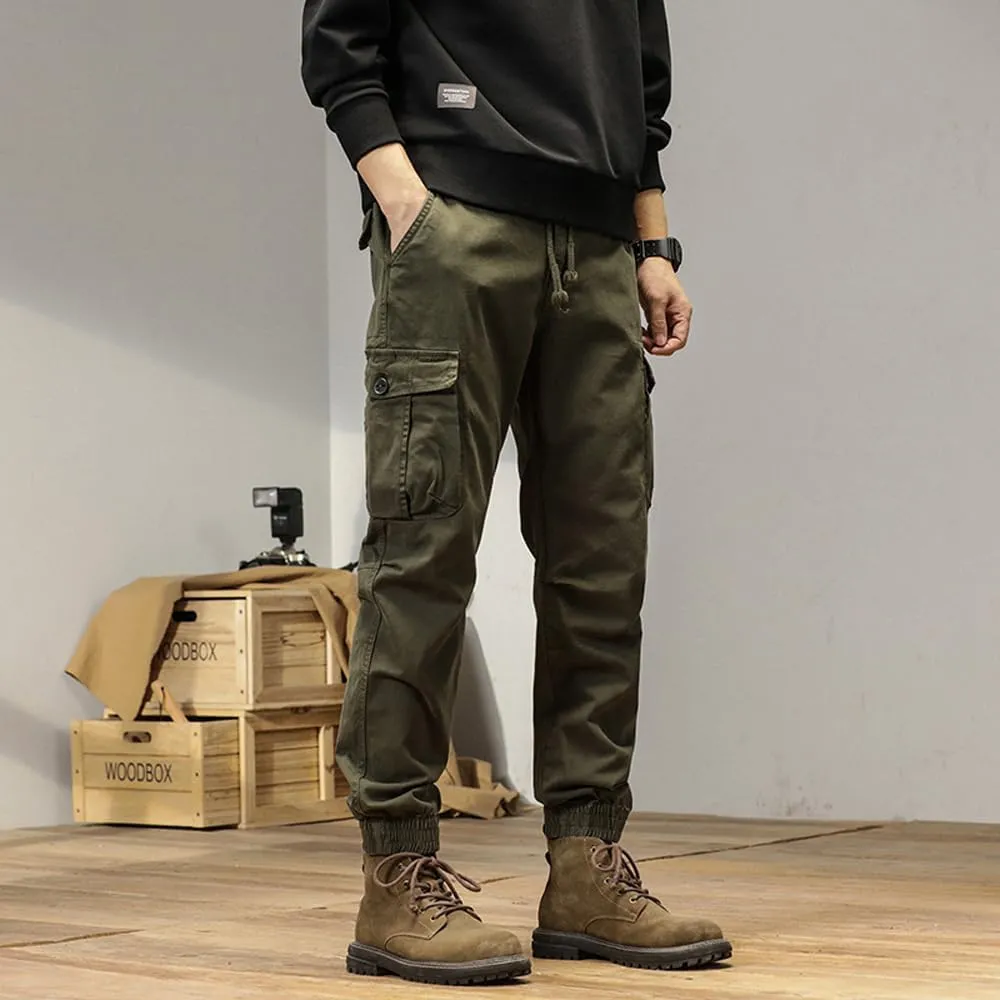 Men's Multi Pockets Cargo Pants Drawstring Cotton Regular Fit Military Pants