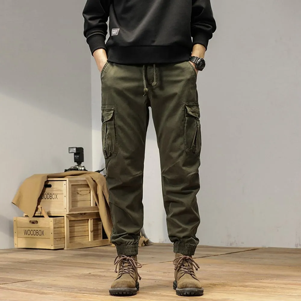 Men's Multi Pockets Cargo Pants Drawstring Cotton Regular Fit Military Pants