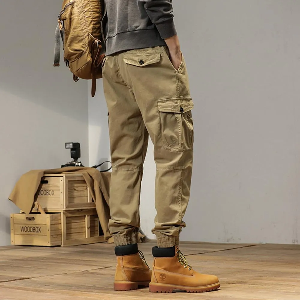 Men's Multi Pockets Cargo Pants Drawstring Cotton Regular Fit Military Pants