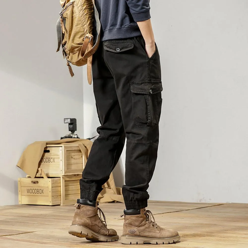 Men's Multi Pockets Cargo Pants Drawstring Cotton Regular Fit Military Pants